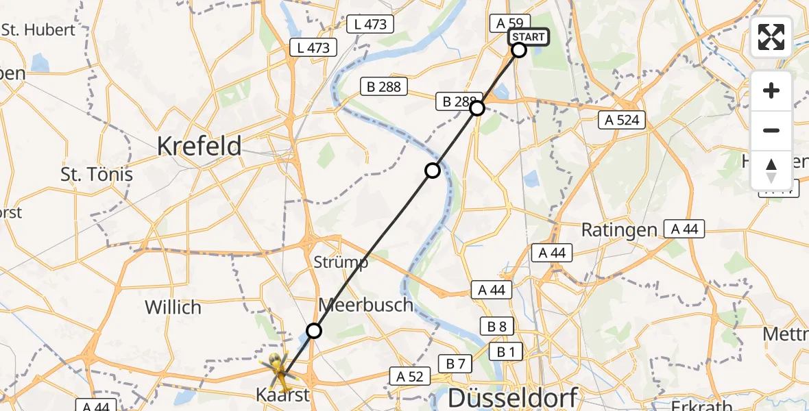 Flugroute Rettungshubschrauber Duisburg Air Rescue Hubschrauberlandeplatz (Christoph 9) - Kaarst, 19 Juli 2026, 08:20