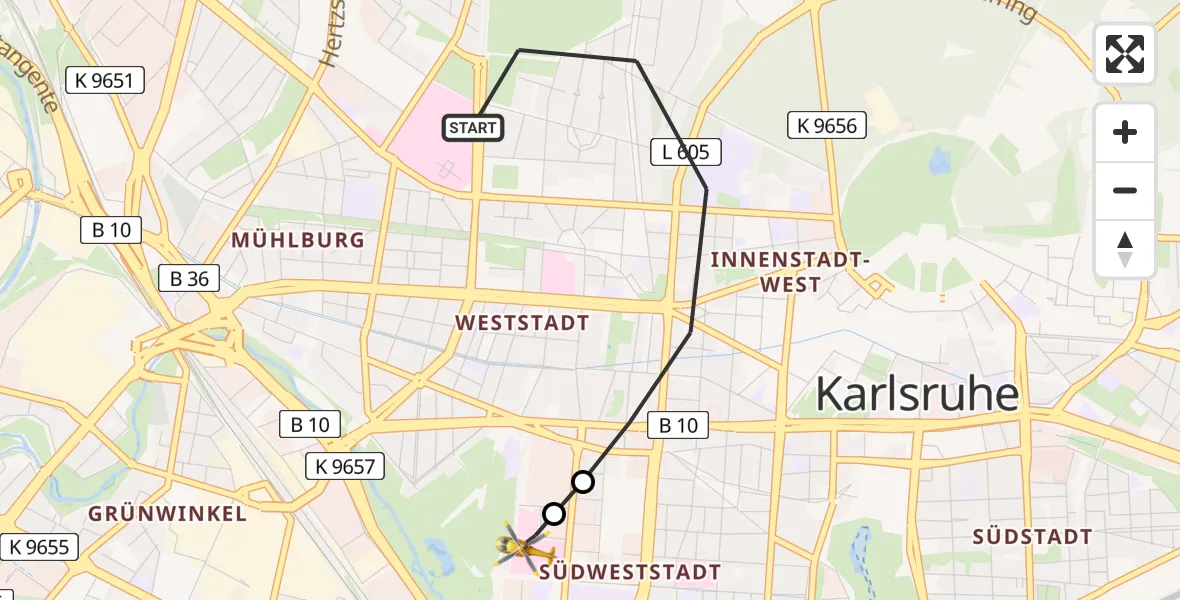 Flugroute Ambulanzhubschrauber Karlsruhe - Sankt Vincentius Hospital, 19 Juli 2026, 08:25