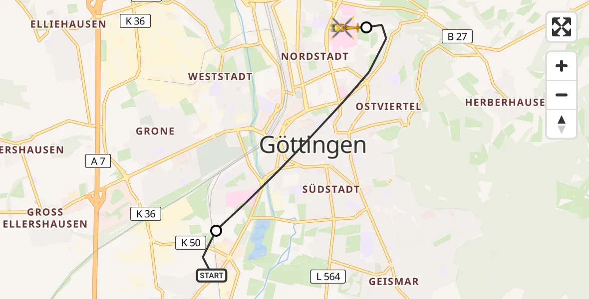 Flugroute Rettungshubschrauber Rosdorf - Göttingen University Clinic Hubschrauberlandeplatz, 19 Juli 2026, 08:26