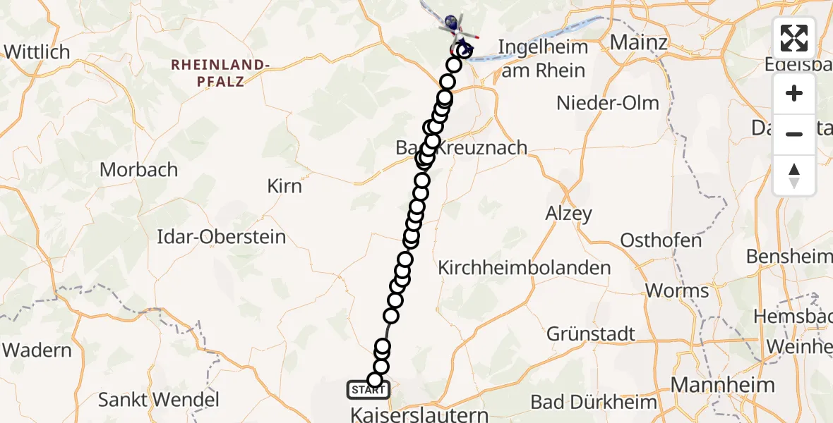 Flugroute Polizeihubschrauber Rodenbach - Rüdesheim am Rhein, 19 Juli 2026, 08:33