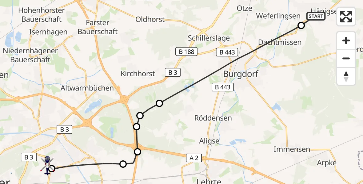 Flugroute Polizeihubschrauber Uetze - Hannover Luftrettung Hubschrauberlandeplatz (Christoph 4), 19 Juli 2026, 08:37