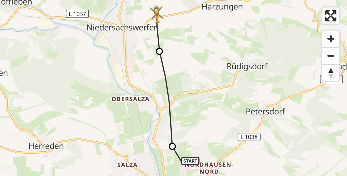 Flugroute Rettungshubschrauber Südharz Hospital Nordhausen - Harztor, 19 Juli 2026, 08:40