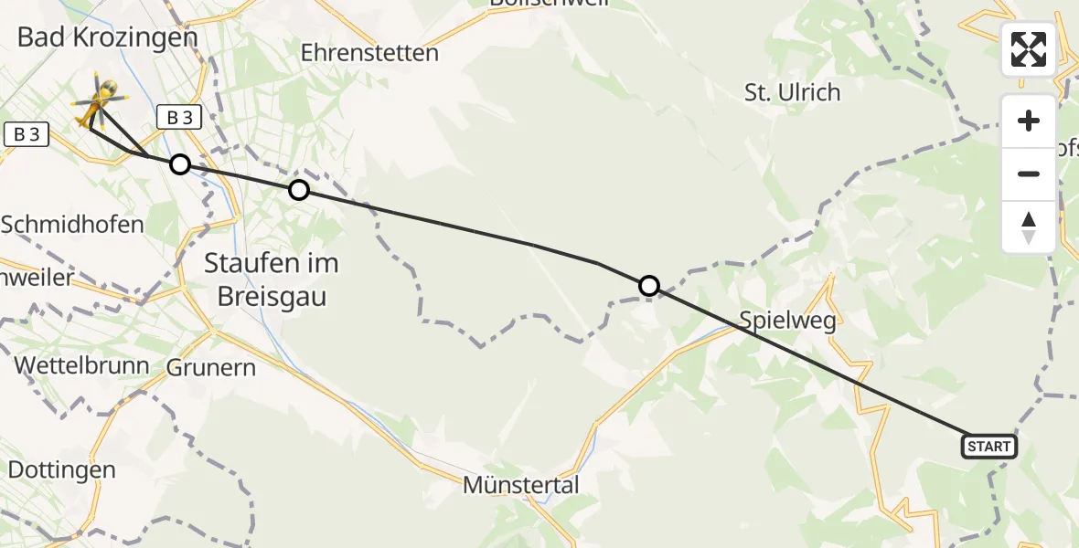 Flugroute Ambulanzhubschrauber Münstertal/Schwarzwald - Bad Krozingen, 19 Juli 2026, 08:45