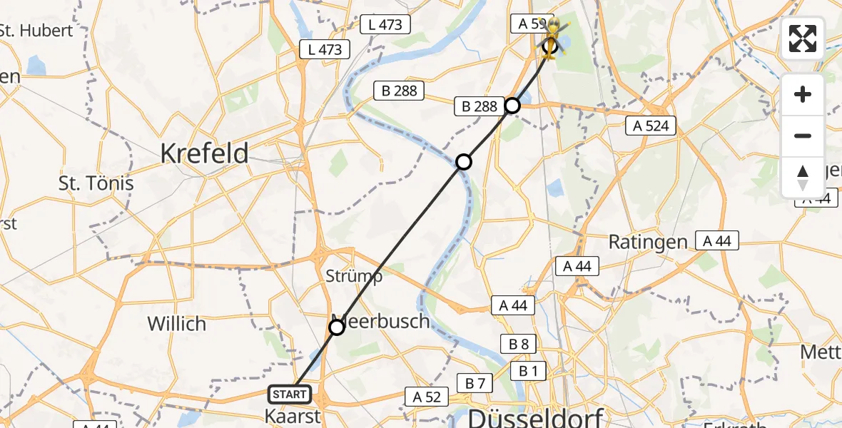 Flugroute Rettungshubschrauber Kaarst - Duisburg Air Rescue Hubschrauberlandeplatz (Christoph 9), 19 Juli 2026, 09:10