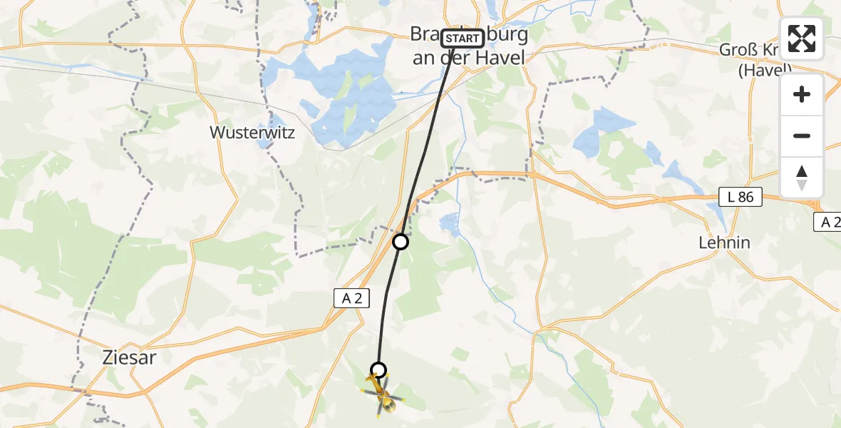 Flugroute Rettungshubschrauber Brandenburg an der Havel - Bad Belzig, 19 Juli 2026, 09:11