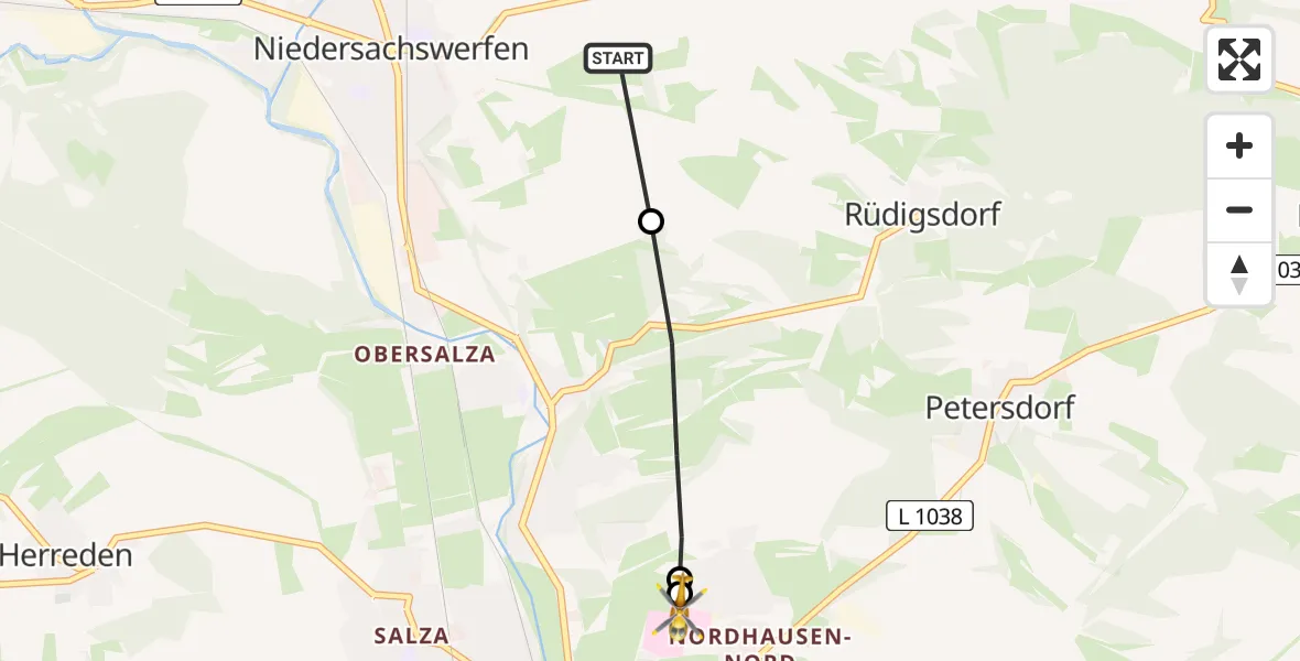 Flugroute Rettungshubschrauber Harztor - Südharz Hospital Nordhausen, 19 Juli 2026, 09:12