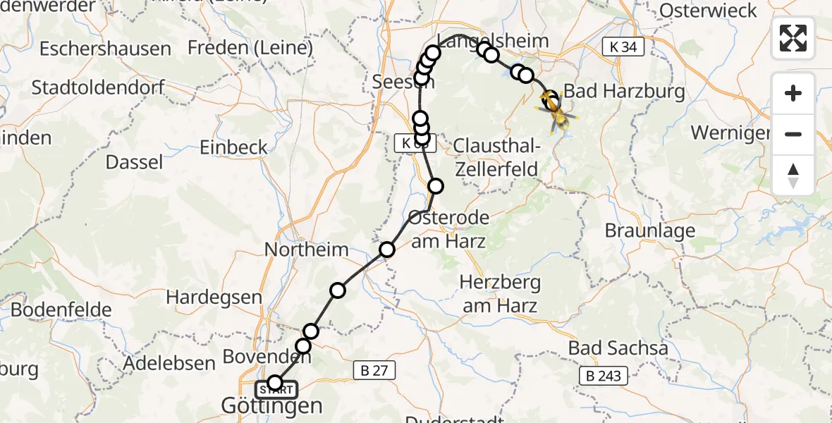 Flugroute Rettungshubschrauber Göttingen University Clinic Hubschrauberlandeplatz - Harz (Landkreis Goslar), 19 Juli 2026, 09:22