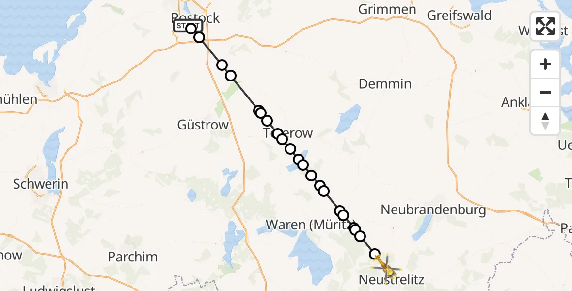 Flugroute Rettungshubschrauber Rostock - Neustrelitz, 19 Juli 2026, 09:27