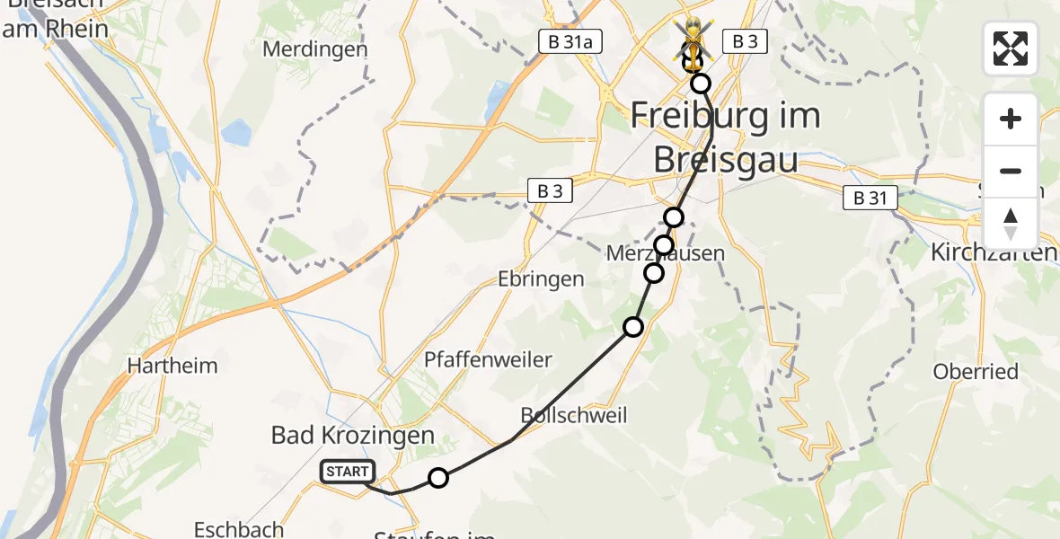 Flugroute Ambulanzhubschrauber Bad Krozingen - Freiburg im Breisgau Flugplatz, 19 Juli 2026, 09:28