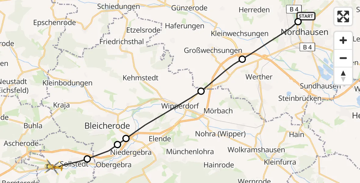 Flugroute Rettungshubschrauber Südharz Hospital Nordhausen - Sollstedt, 19 Juli 2026, 09:38