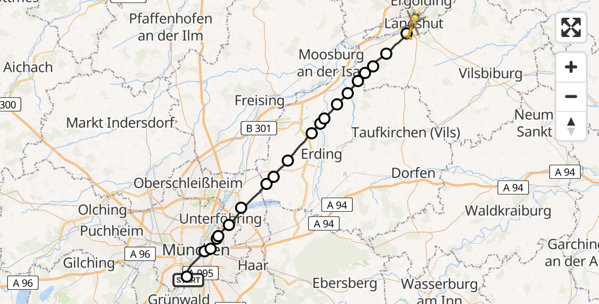 Flugroute Rettungshubschrauber ADAC Air Rescue Center Hubschrauberlandeplatz (Christoph 1) - Landshut, 19 Juli 2026, 09:40