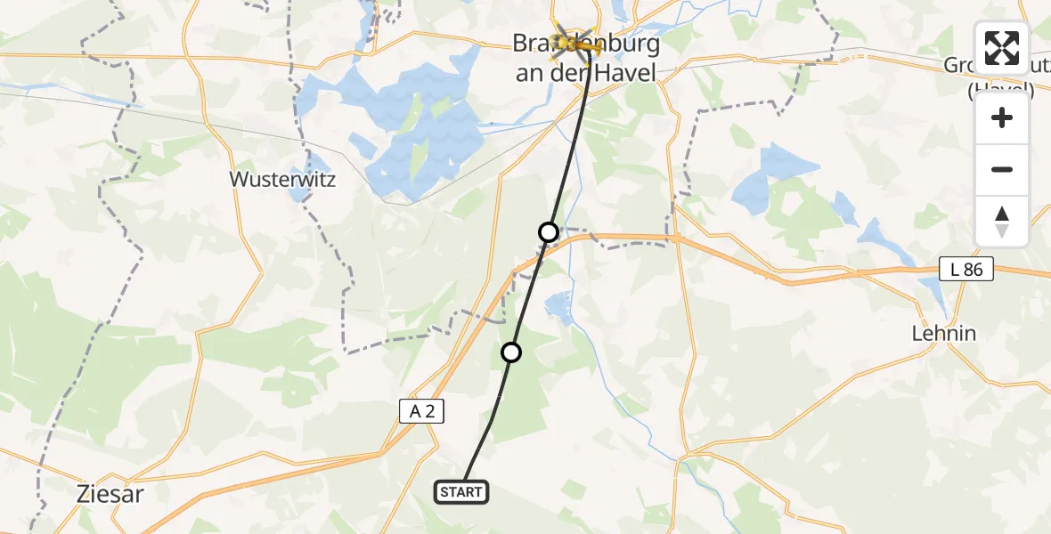 Flugroute Rettungshubschrauber Wollin - Brandenburg an der Havel, 19 Juli 2026, 09:56