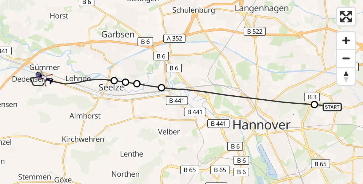 Flugroute Polizeihubschrauber Hannover Luftrettung Hubschrauberlandeplatz (Christoph 4) - Seelze, 19 Juli 2026, 10:03