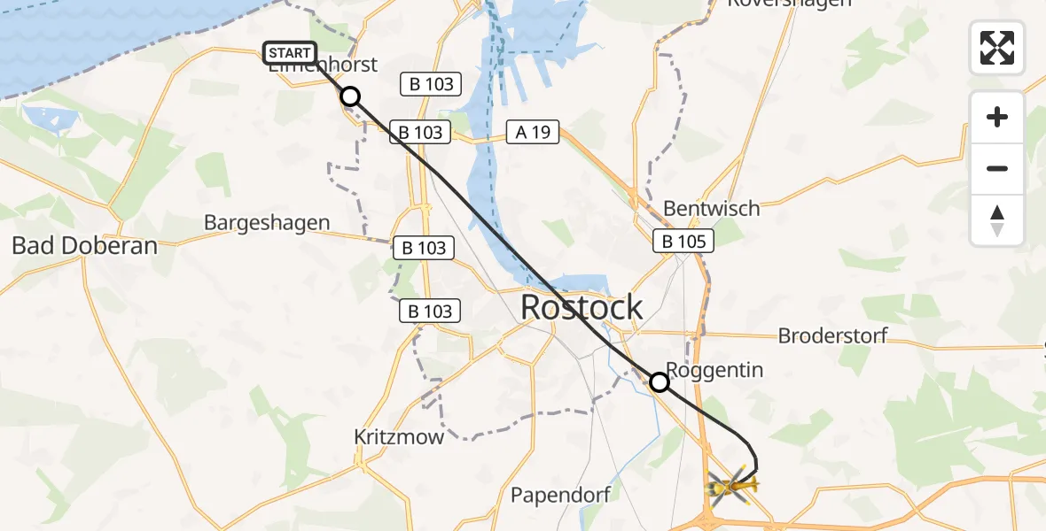 Flugroute Ambulanzhubschrauber Elmenhorst/Lichtenhagen - Dummerstorf, 19 Juli 2026, 10:08