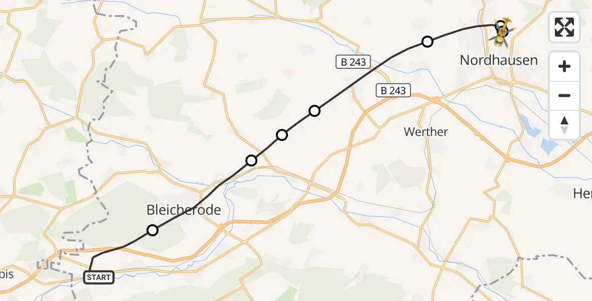 Flugroute Rettungshubschrauber Sollstedt - Südharz Hospital Nordhausen, 19 Juli 2026, 10:10