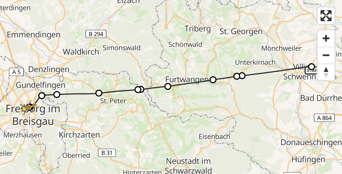 Flugroute Ambulanzhubschrauber DRF Air Rescue Station Villingen-Schwenningen Hubschrauberlandeplatz (Christoph 11) - Freiburg University Hospital Heliport 1, 19 Juli 2026, 10:11