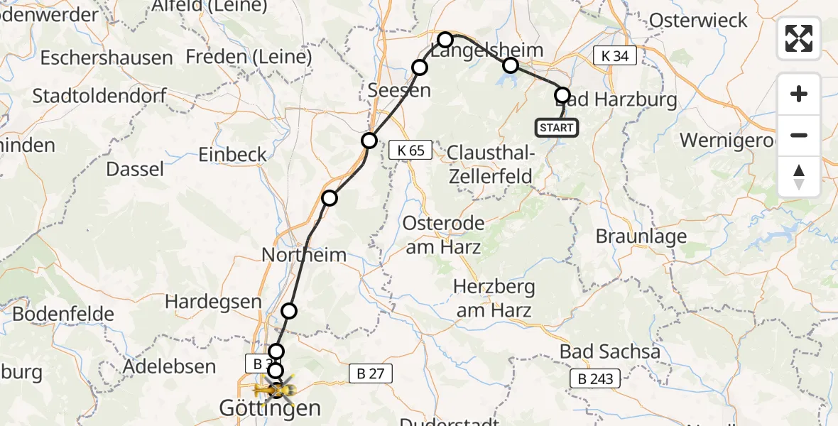 Flugroute Rettungshubschrauber Harz (Landkreis Goslar) - Göttingen University Clinic Hubschrauberlandeplatz, 19 Juli 2026, 10:13