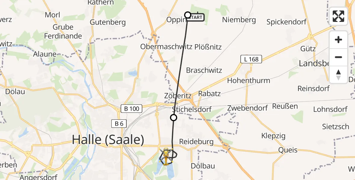 Flugroute Rettungshubschrauber Halle-Oppin Flugplatz - Halle (Saale), 19 Juli 2026, 10:29