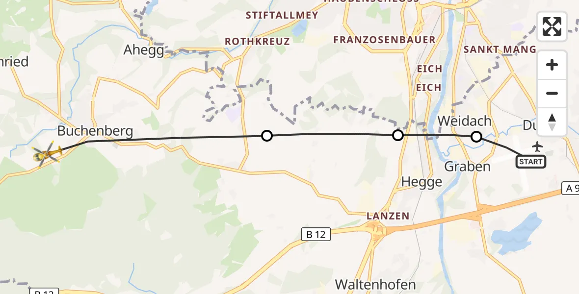 Flugroute Rettungshubschrauber Kempten-Durach Flugplatz - Buchenberg, 19 Juli 2026, 10:31