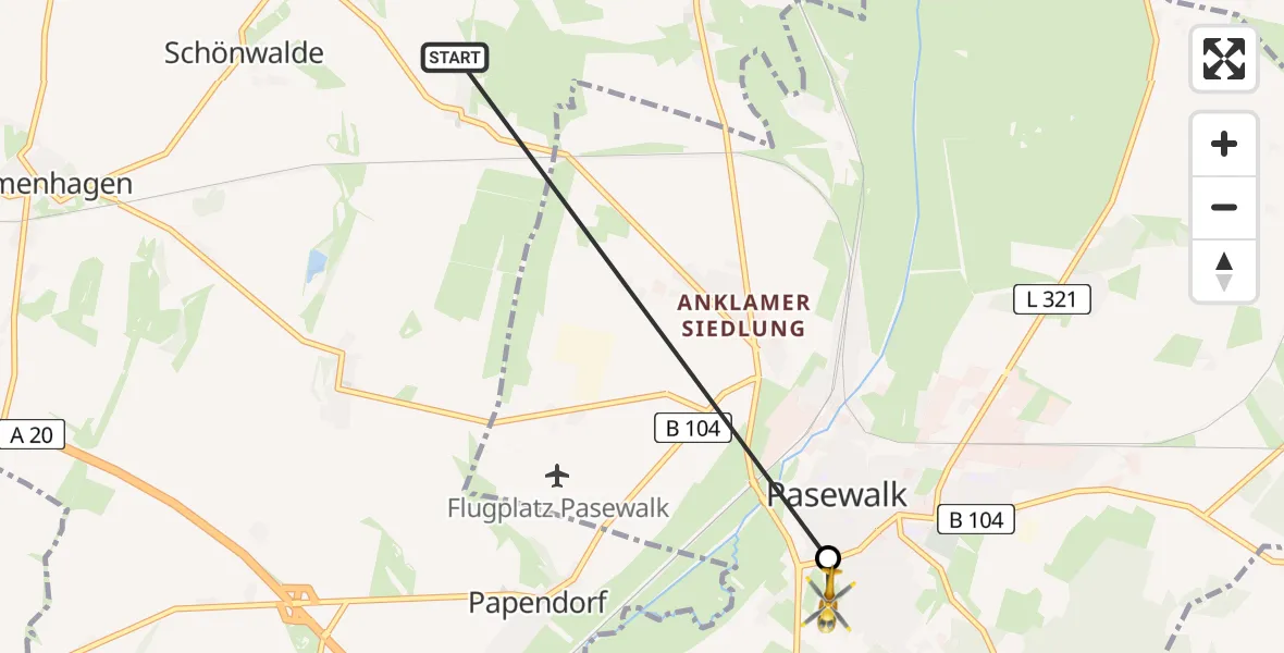 Flugroute Rettungshubschrauber Schönwalde - Pasewalk, 19 Juli 2026, 10:33
