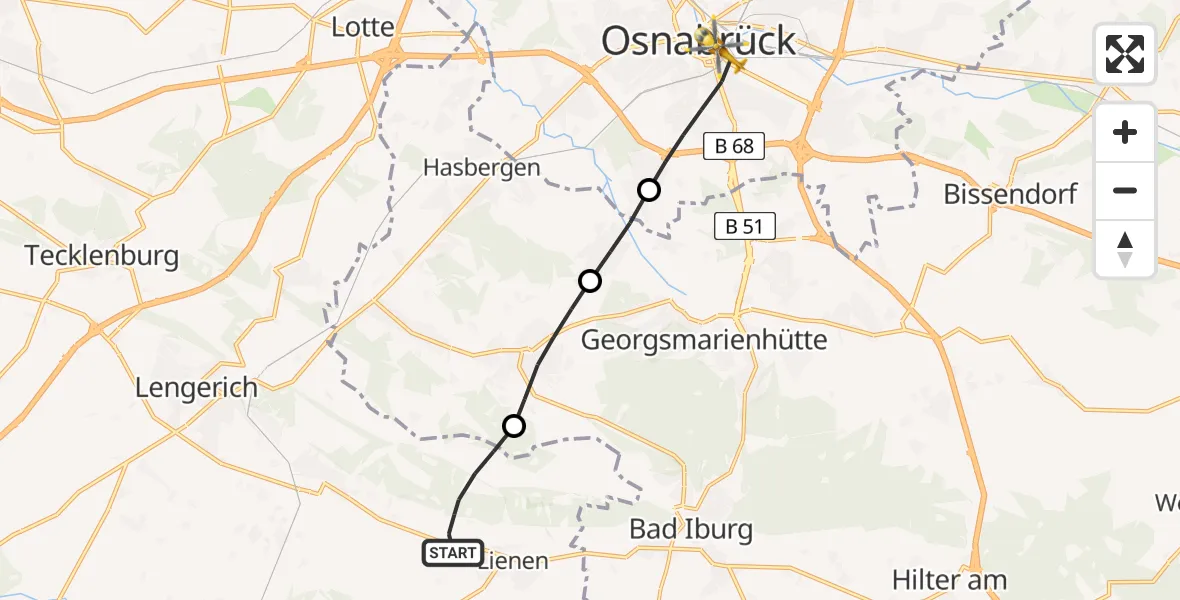Flugroute Ambulanzhubschrauber Lienen - Osnabrück, 19 Juli 2026, 10:35