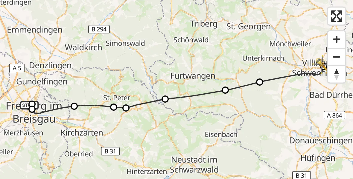 Flugroute Ambulanzhubschrauber Freiburg University Hospital Heliport 1 - DRF Air Rescue Station Villingen-Schwenningen Hubschrauberlandeplatz (Christoph 11), 19 Juli 2026, 10:50