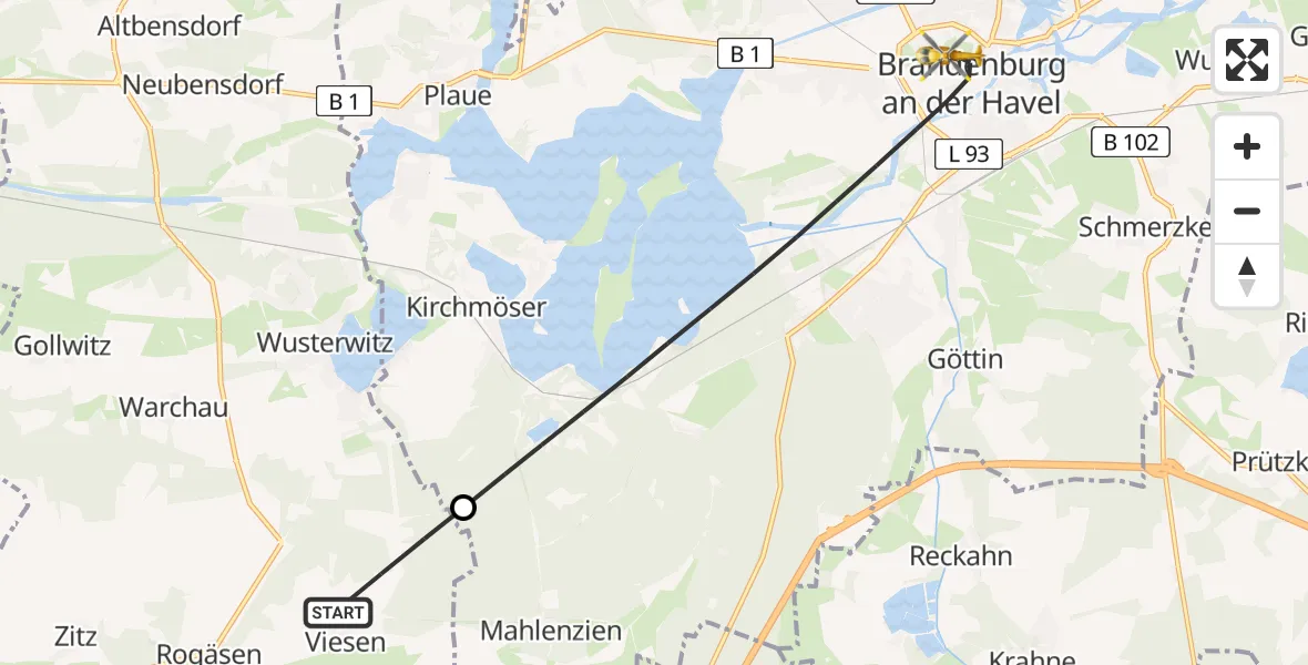 Flugroute Rettungshubschrauber Rosenau - Brandenburg an der Havel, 19 Juli 2026, 10:56