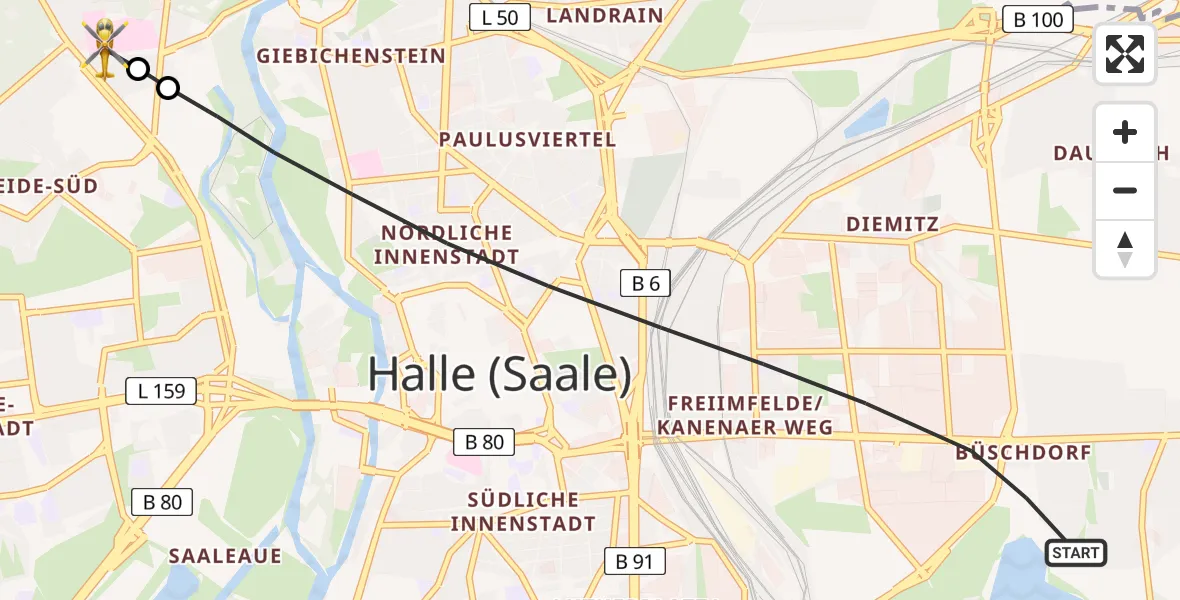 Flugroute Rettungshubschrauber Halle (Saale) - Halle (Saale) University Hospital, 19 Juli 2026, 11:02