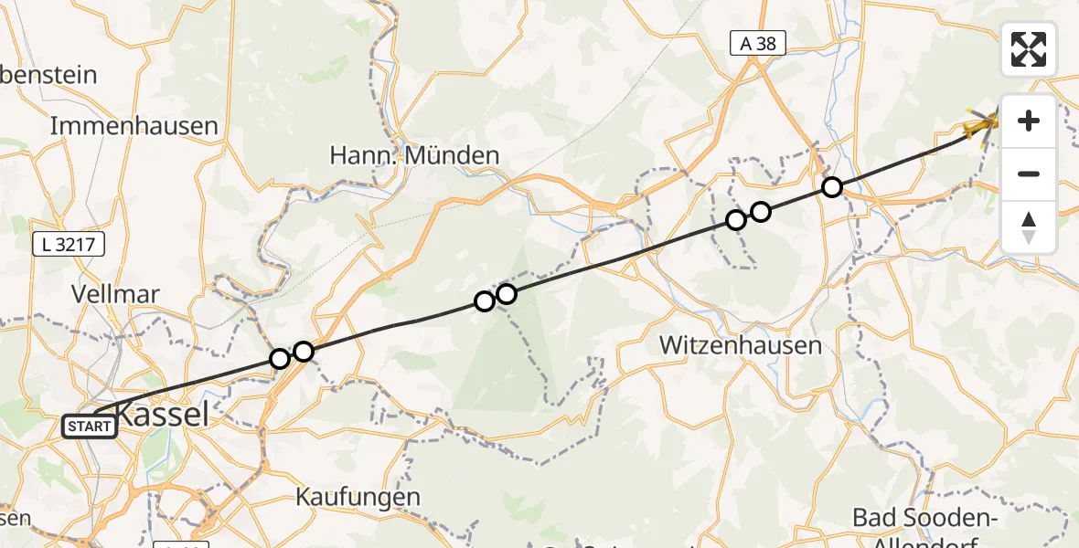 Flugroute Rettungshubschrauber Kassel - Friedland, 19 Juli 2026, 11:03