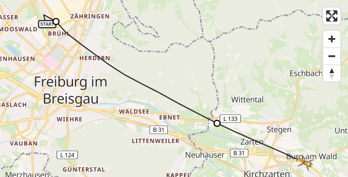 Flugroute Ambulanzhubschrauber Freiburg im Breisgau Flugplatz - Kirchzarten, 19 Juli 2026, 11:03