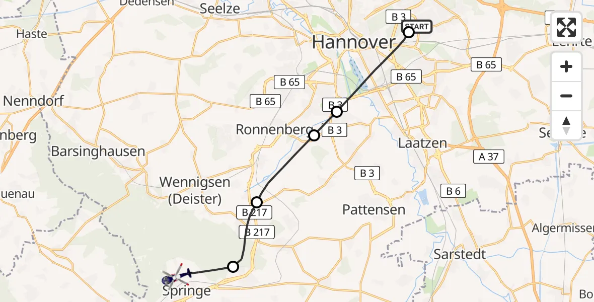 Flugroute Polizeihubschrauber Hannover Luftrettung Hubschrauberlandeplatz (Christoph 4) - Springe, 19 Juli 2026, 11:14