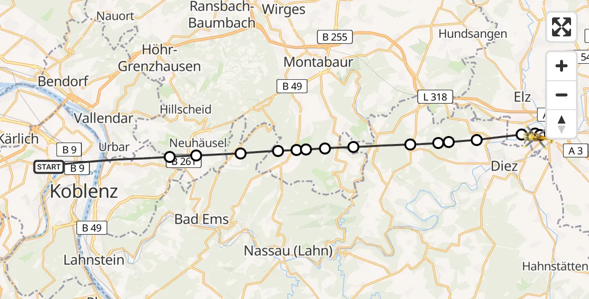 Flugroute Rettungshubschrauber Koblenz - Saint Vincent Hospital Limburg, 19 Juli 2026, 11:14