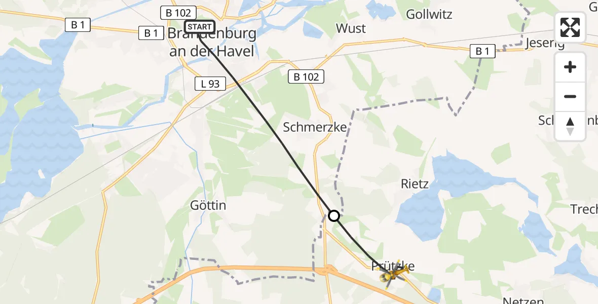 Flugroute Rettungshubschrauber Brandenburg an der Havel - Kloster Lehnin, 19 Juli 2026, 11:17