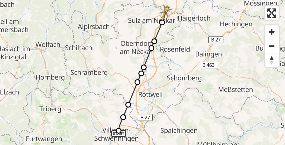 Flugroute Ambulanzhubschrauber DRF Air Rescue Station Villingen-Schwenningen Hubschrauberlandeplatz (Christoph 11) - Sulz am Neckar, 19 Juli 2026, 11:18
