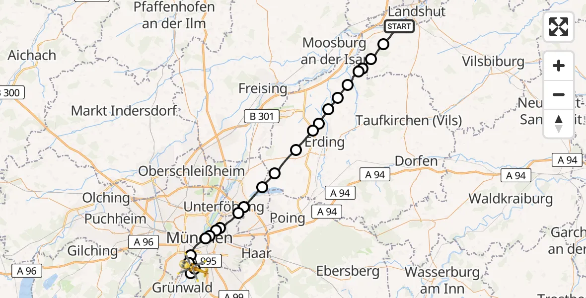 Flugroute Rettungshubschrauber Tiefenbach - ADAC Air Rescue Center Hubschrauberlandeplatz (Christoph 1), 19 Juli 2026, 11:21
