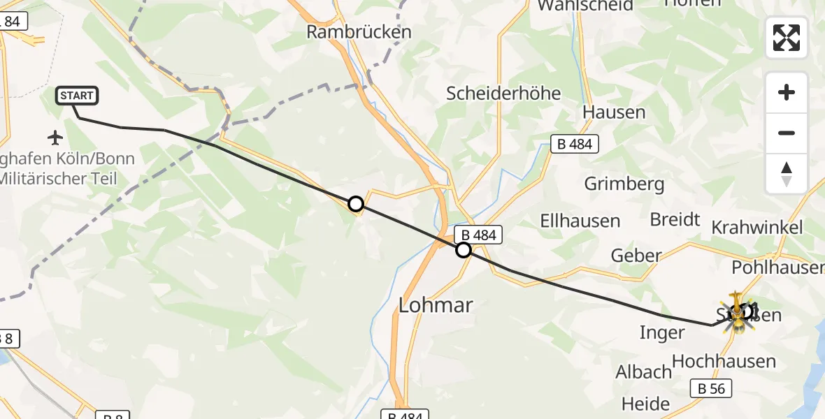 Flugroute Rettungshubschrauber Köln Bonn Flughafen - Lohmar, 19 Juli 2026, 11:32