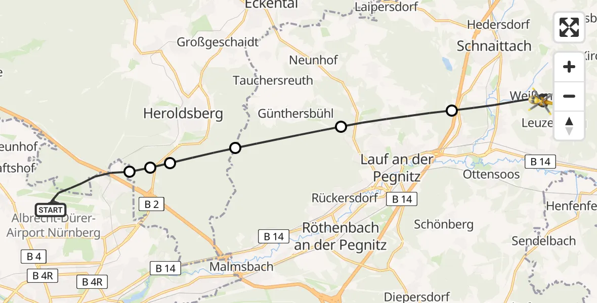 Flugroute Ambulanzhubschrauber Flughafen Nuremberg - Neunkirchen a.Sand, 19 Juli 2026, 11:34