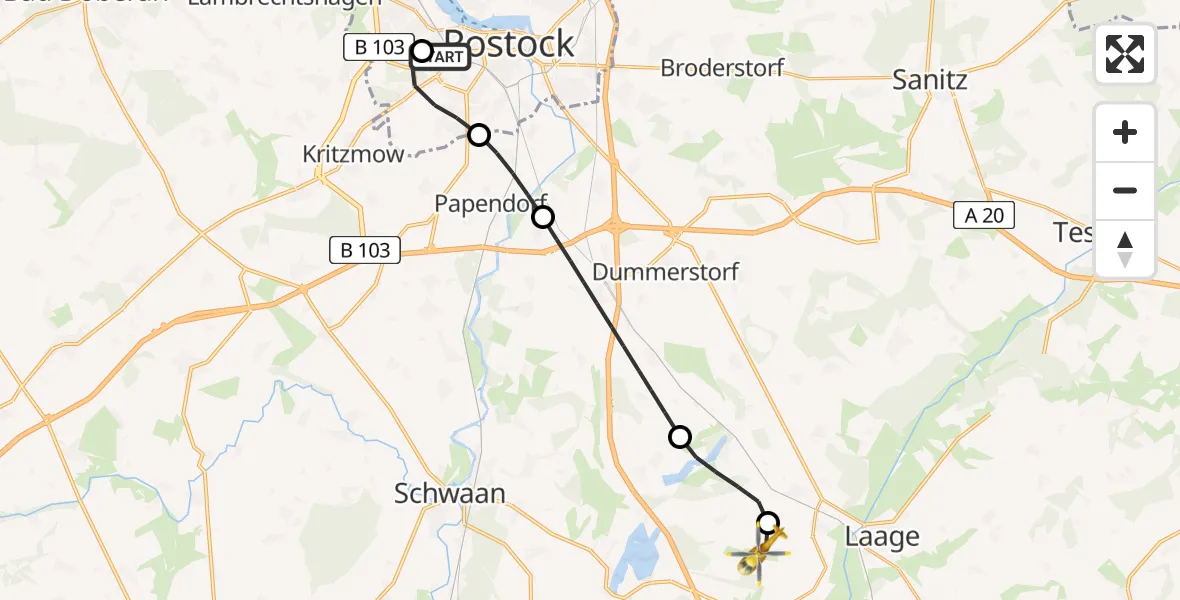 Flugroute Rettungshubschrauber Rostock University Hubschrauberlandeplatz - Flughafen Rostock-Laage, 19 Juli 2026, 11:34