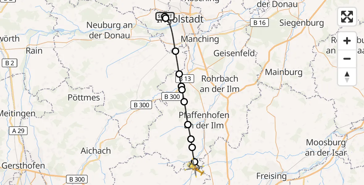 Flugroute Rettungshubschrauber Ingolstadt Hospital - Petershausen, 19 Juli 2026, 11:35