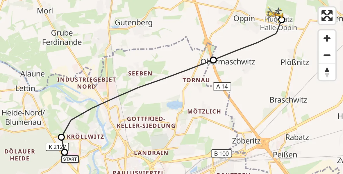 Flugroute Rettungshubschrauber Halle (Saale) University Hospital - Halle-Oppin Flugplatz, 19 Juli 2026, 11:36