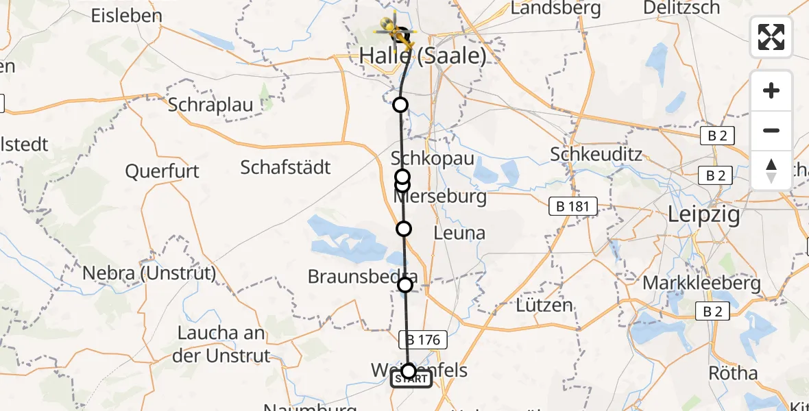 Flugroute Rettungshubschrauber Asklepios Clinic Weißenfels - Halle (Saale) University Hospital, 19 Juli 2026, 11:42
