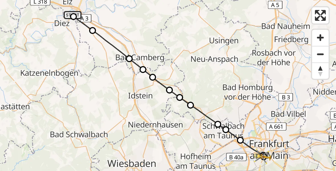 Flugroute Rettungshubschrauber Saint Vincent Hospital Limburg - Frankfurt University Hospital, 19 Juli 2026, 11:43