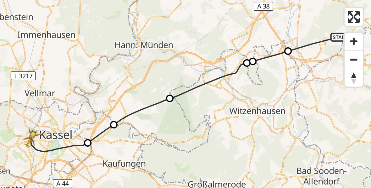 Flugroute Rettungshubschrauber Friedland - Kassel, 19 Juli 2026, 11:48