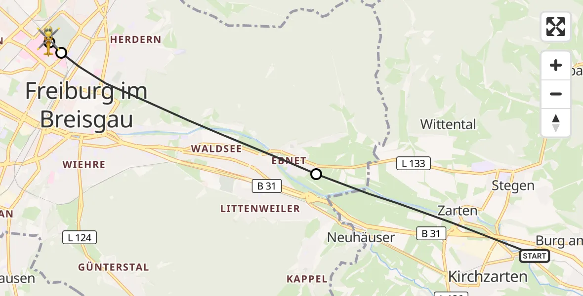 Flugroute Ambulanzhubschrauber Kirchzarten - Freiburg University Hospital Heliport 1, 19 Juli 2026, 11:48