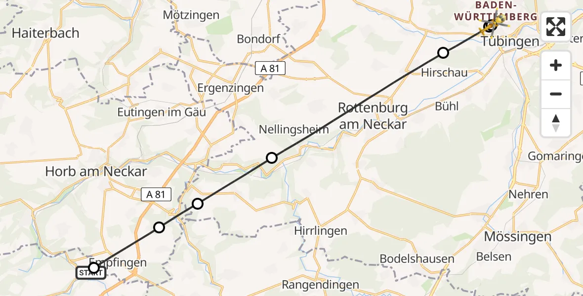 Flugroute Ambulanzhubschrauber Sulz am Neckar - Tübingen University Hospital, 19 Juli 2026, 11:51
