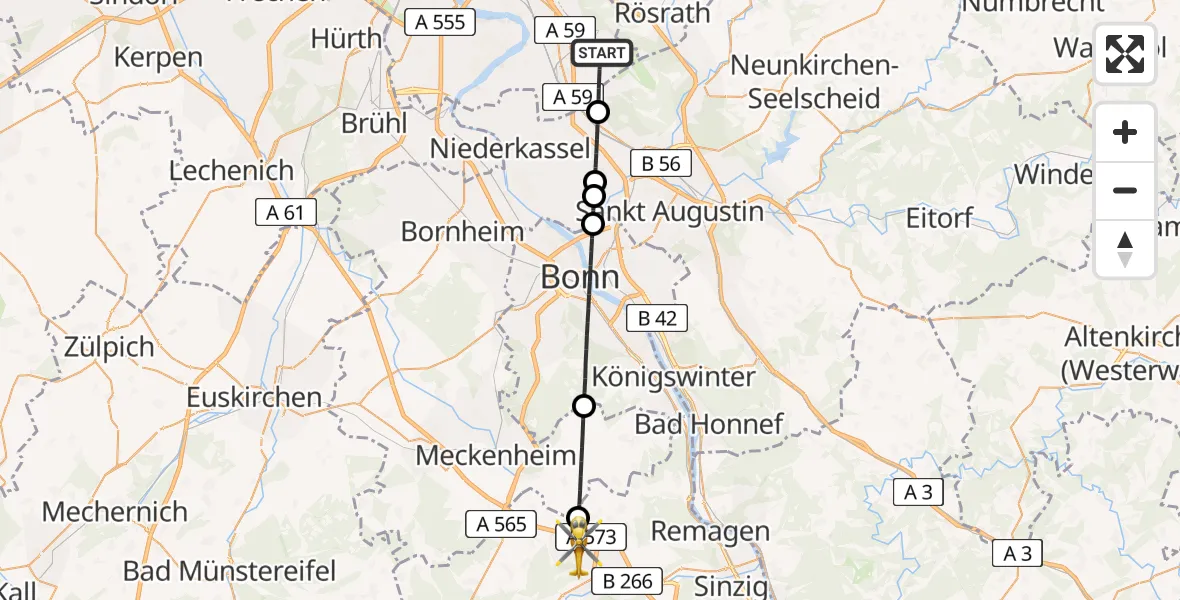 Flugroute Ambulanzhubschrauber Köln Bonn Flughafen - Grafschaft, 19 Juli 2026, 11:55