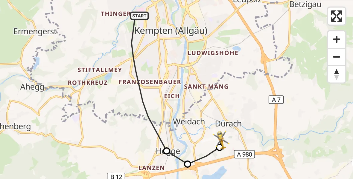 Flugroute Rettungshubschrauber Kempten (Allgäu) - Kempten-Durach Flugplatz, 19 Juli 2026, 11:55