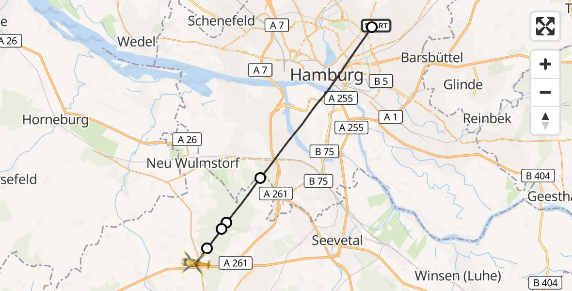 Flugroute Rettungshubschrauber Hamburg Military Hospital - Neu Wulmstorf, 19 Juli 2026, 12:01