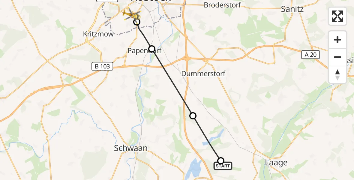Flugroute Rettungshubschrauber Flughafen Rostock-Laage - Rostock, 19 Juli 2026, 12:01
