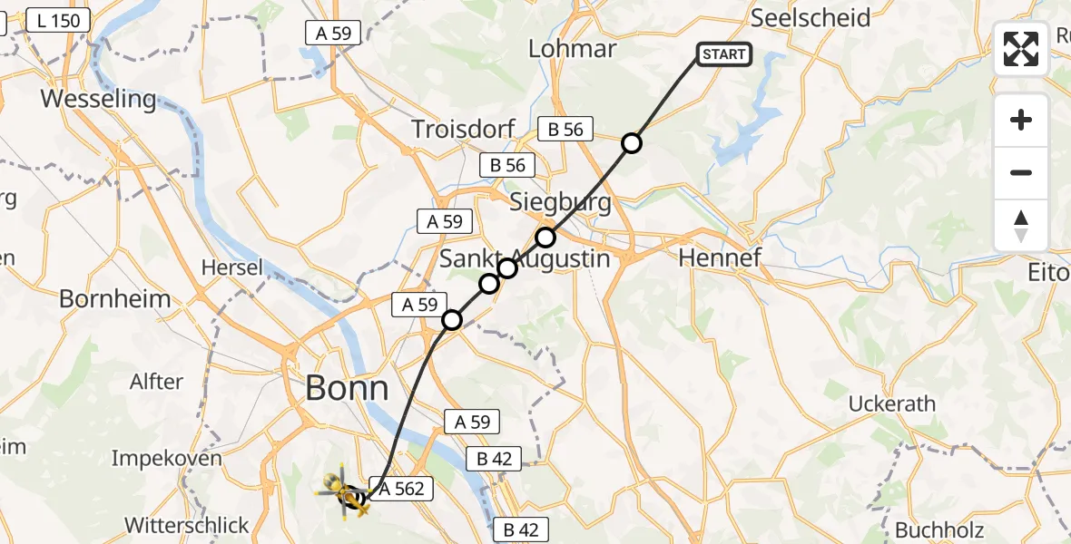 Flugroute Rettungshubschrauber Lohmar - Bonn University Hospital, 19 Juli 2026, 12:02